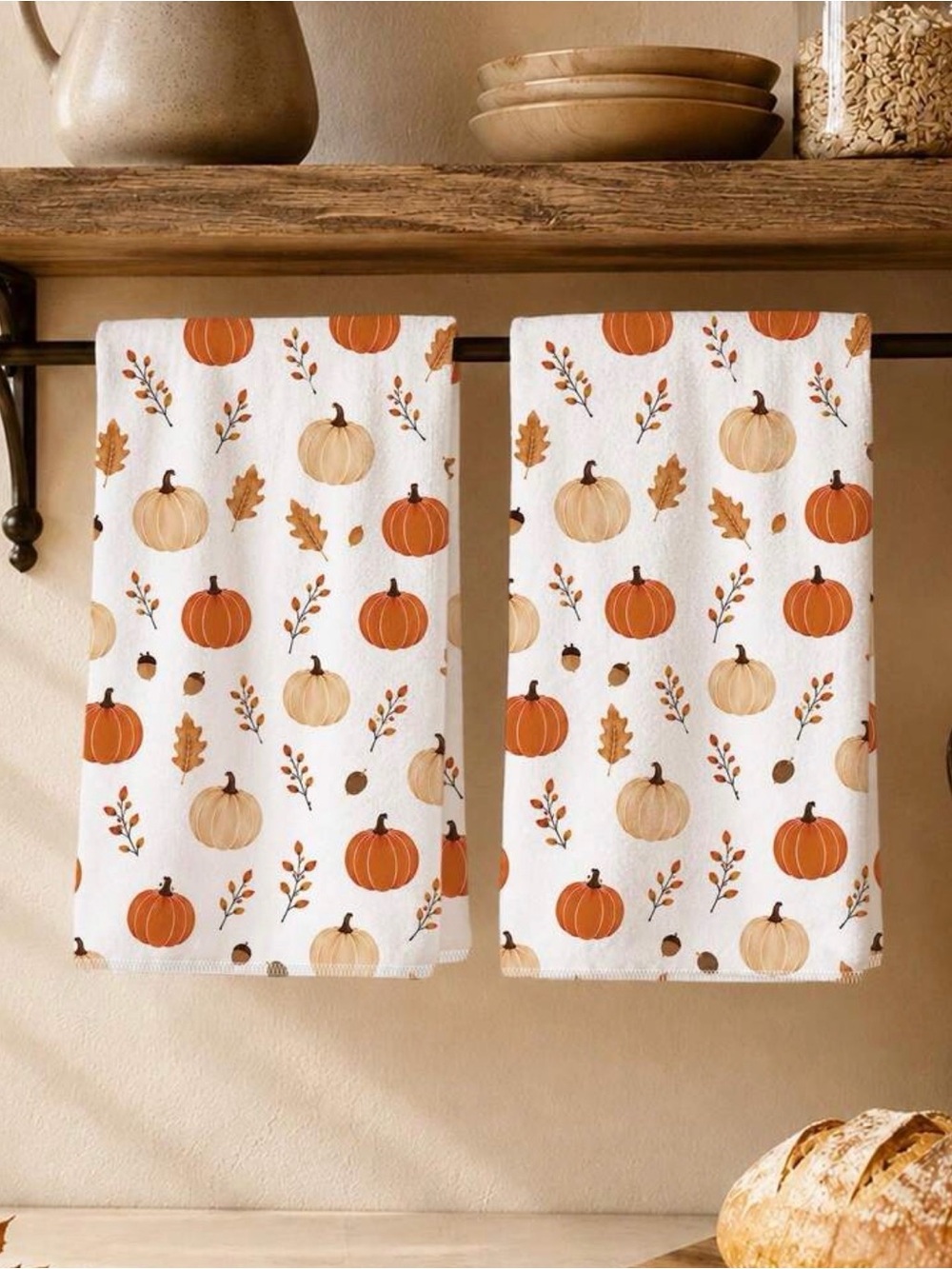 Autumn Pumpkin Kitchen Towels - Orange & Cream, Set of 2